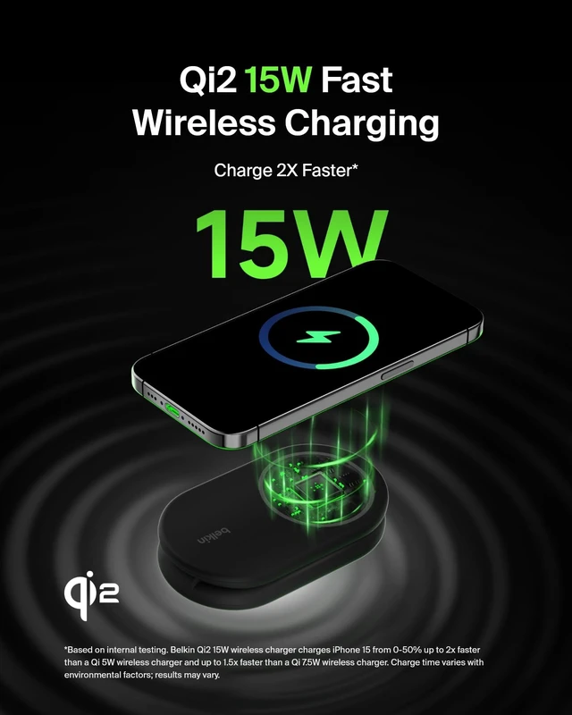 Alt view image 8 of 10 - Belkin MagSafe-Compatible Charger, 2-in-1 Magnetic Foldable Charger 15W - Qi2-Certified Wireless Charging for Apple iPhone 16, Apple Watch, Samsung Galaxy S25 w/Non-Slip Base, PSU Included - Black