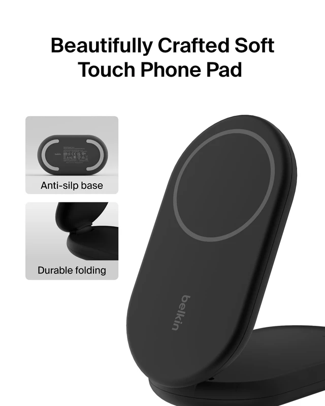 Alt view image 10 of 10 - Belkin MagSafe-Compatible Charger, 2-in-1 Magnetic Foldable Charger 15W - Qi2-Certified Wireless Charging for Apple iPhone 16, Apple Watch, Samsung Galaxy S25 w/Non-Slip Base, PSU Included - Black