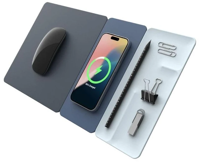 Alt view image 6 of 10 - POUT H3 Split Max 3-in-1 Wireless Charging Mouse Pad Fast Qi Charger, Mousepad Mat, and Magnetic Tray Organizer Compatible with Smartphones and Earbuds (Pacific Blue)
