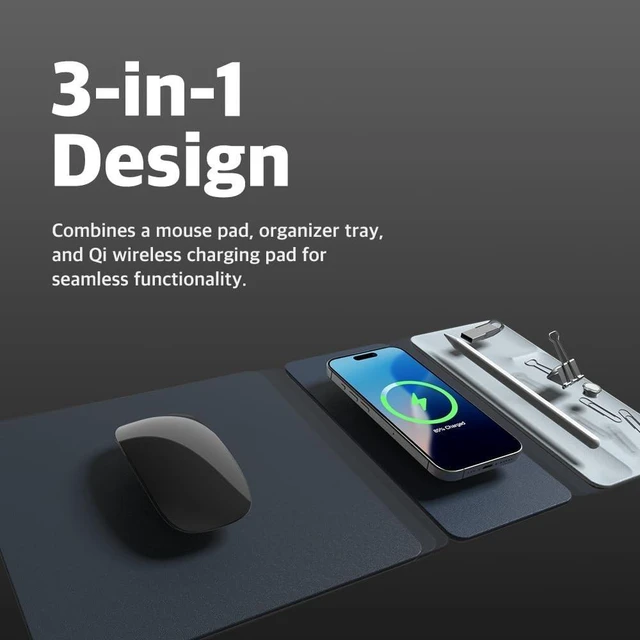 Alt view image 7 of 10 - POUT H3 Split Max 3-in-1 Wireless Charging Mouse Pad Fast Qi Charger, Mousepad Mat, and Magnetic Tray Organizer Compatible with Smartphones and Earbuds (Pacific Blue)