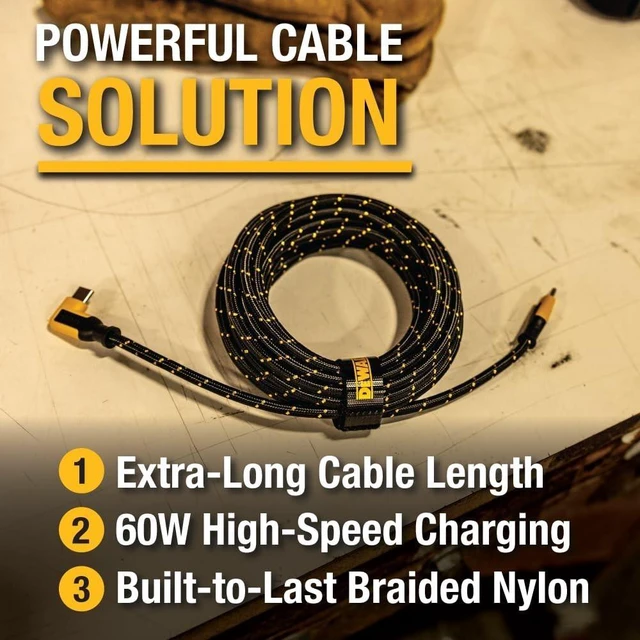 Alt view image 7 of 10 - DEWALT Heavy Duty Extra Long USB C Cable (20 ft/6M), Fast 60W Type C Charging Cable, 90Degree Connector TypeC Charger Cord for Oculus Quest, PS5 Controller, Samsung Galaxy, Z Fold/Flip (Charge O