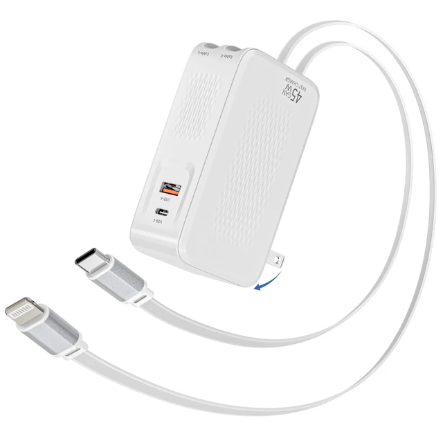 Alt view image 6 of 10 - Retractable Wall Charger with Dual Cables,4-in-1 45W Retractable Phone Charger with Dual Port(USB C+USB A) 3.3FT USB C & Lightning Cable Foldable Block Multi Charging for iPhone 17/16/15/14/13/12,iPad