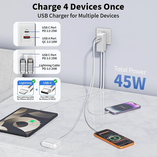 Alt view image 7 of 10 - Retractable Wall Charger with Dual Cables,4-in-1 45W Retractable Phone Charger with Dual Port(USB C+USB A) 3.3FT USB C & Lightning Cable Foldable Block Multi Charging for iPhone 17/16/15/14/13/12,iPad