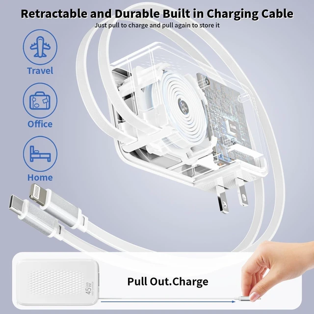 Alt view image 9 of 10 - Retractable Wall Charger with Dual Cables,4-in-1 45W Retractable Phone Charger with Dual Port(USB C+USB A) 3.3FT USB C & Lightning Cable Foldable Block Multi Charging for iPhone 17/16/15/14/13/12,iPad