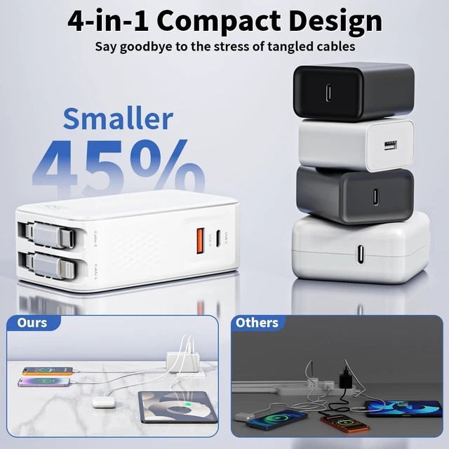 Alt view image 10 of 10 - Retractable Wall Charger with Dual Cables,4-in-1 45W Retractable Phone Charger with Dual Port(USB C+USB A) 3.3FT USB C & Lightning Cable Foldable Block Multi Charging for iPhone 17/16/15/14/13/12,iPad