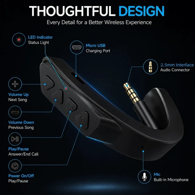 Alt view image 9 of 10 - YOCOWOCO Upgraded aptX Wireless Bluetooth Adapter for Bose QuietComfort 25 QC 25Headphones with Mic/Volume Control, Black