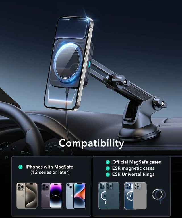 Alt view image 8 of 8 - ESR for 15W MagSafe Car Mount Charger, for MagSafe Car Charger, Suction Cup Magnetic Wireless Car Charging, Dashboard Car Phone Mount for iPhone 17e/17/16/15/14/13/12, S26/S25, Pixel 10, Fast Charging