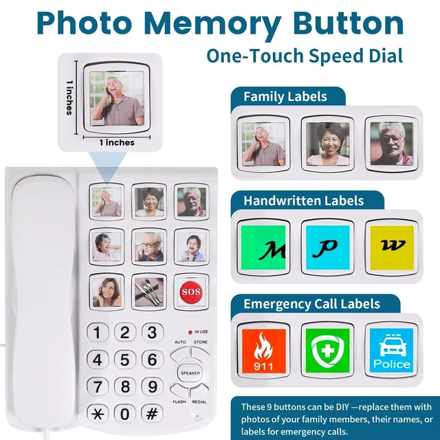 Alt view image 7 of 10 - Telephones for Seniors, Dementia Phone for Seniors - 9 Picture Memory Corded Landline Telephone for Elderly - One-Touch Dial, 110dB+ Amplified Ringer -Home Phones for The Visually Impaired, Alzheimer