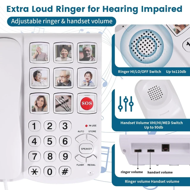 Alt view image 8 of 10 - Telephones for Seniors, Dementia Phone for Seniors - 9 Picture Memory Corded Landline Telephone for Elderly - One-Touch Dial, 110dB+ Amplified Ringer -Home Phones for The Visually Impaired, Alzheimer