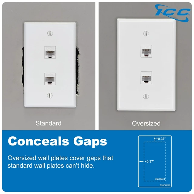 Alt view image 10 of 10 - ICC Oversized 2-Port Keystone Wall Plate, UL Listed, ABS Plastic, Single Gang Faceplate for RJ45 Modular Inserts, White, 10-Pack