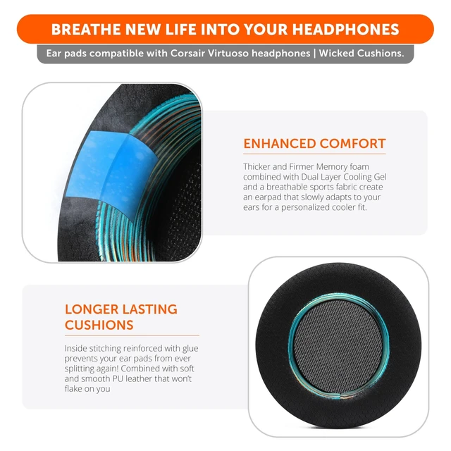 Alt view image 9 of 10 - WC Freeze Virtuoso - Hybrid Fabric Cooling Gel Replacement Earpads for Corsair Virtuoso Gaming Headset, Made by Wicked Cushions, Improved Durability, Thickness and Sound Isolation ^^ The Simulat