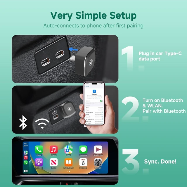 Alt view image 8 of 10 - FitAlly M1-C Wireless CarPlay Android Auto Adapter, Native USB-C Direct Plug, 2-in-1 Wired to Wireless Dongle, No Adapter Needed, Mini Cable-Free Design, Aluminum Alloy & Glass for USB-C
