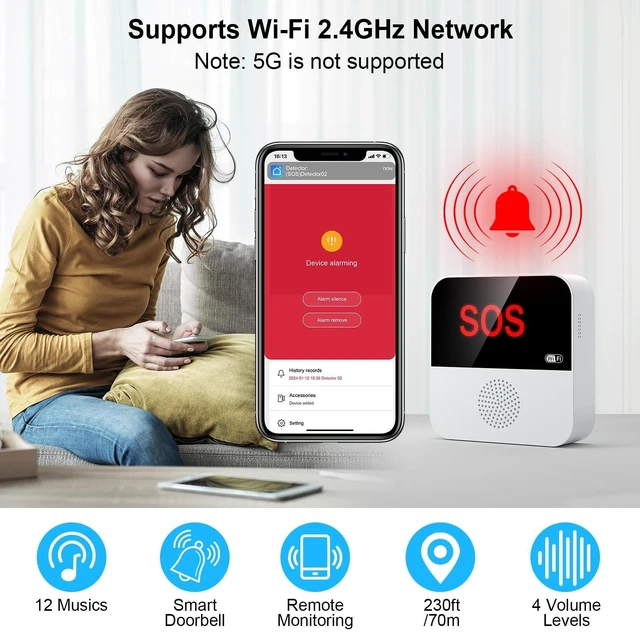 Alt view image 7 of 10 - Chatthen WiFi Pager, Caregiver Pagers Life Alert Systems for Seniors no Monthly Fee, 1 Receiver and 1 SOS Panic Button & 1 Watch Pager, Compatible with Tuya Smart/Smart Life APP