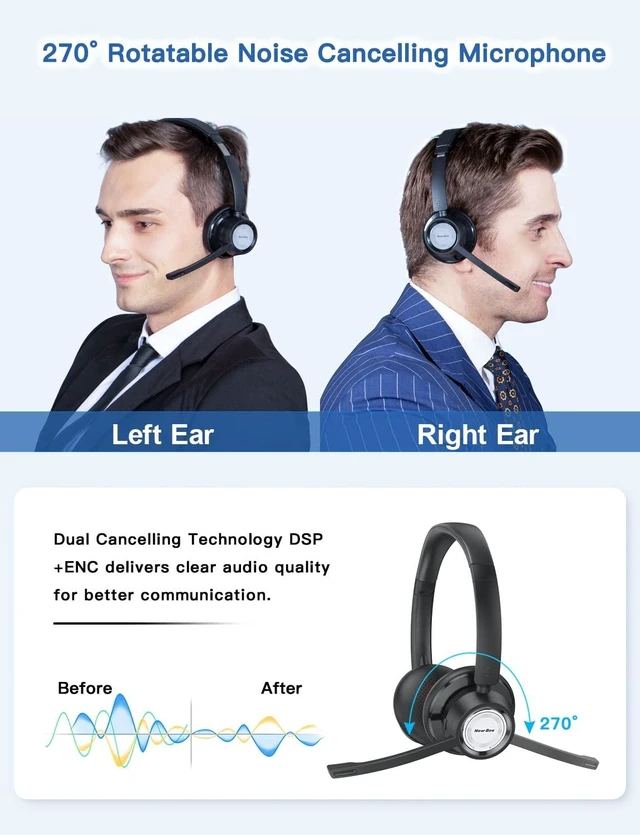 Alt view image 7 of 10 - New Bee Wireless Headset Bluetooth Headset with Noise Cancelling Microphone 20hrs Talk time & Mute Button for Work/PC/Office/Zoom/Skype (Include USB Dongle)