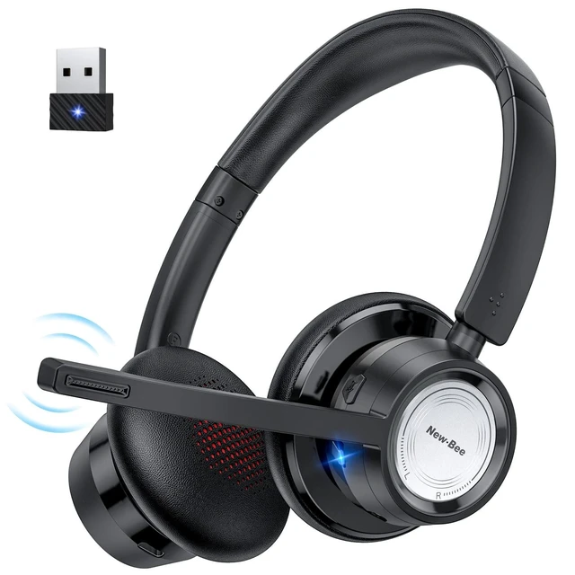 Alt view image 6 of 10 - New Bee Wireless Headset Bluetooth Headset with Noise Cancelling Microphone 20hrs Talk time & Mute Button for Work/PC/Office/Zoom/Skype (Include USB Dongle)