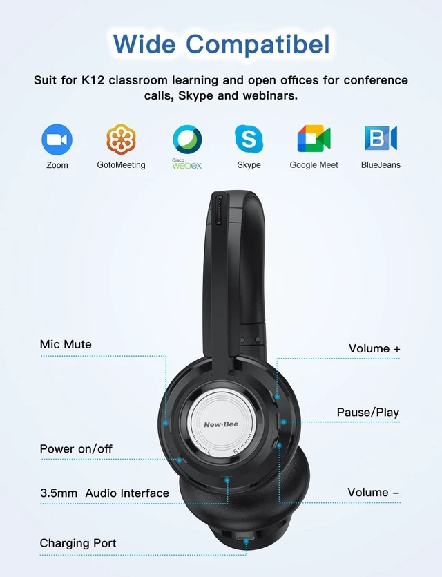 Alt view image 10 of 10 - New Bee Wireless Headset Bluetooth Headset with Noise Cancelling Microphone 20hrs Talk time & Mute Button for Work/PC/Office/Zoom/Skype (Include USB Dongle)