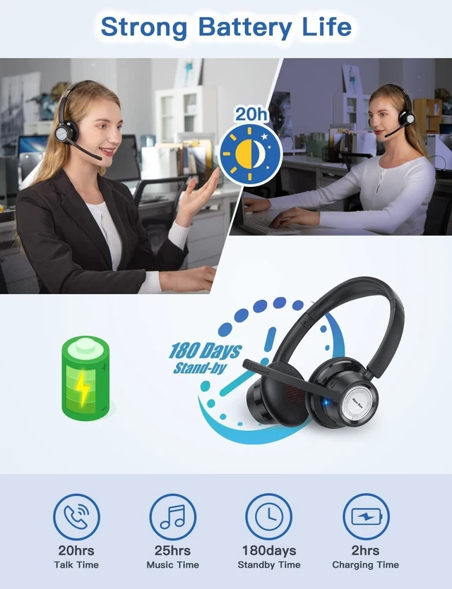 Alt view image 9 of 10 - New Bee Wireless Headset Bluetooth Headset with Noise Cancelling Microphone 20hrs Talk time & Mute Button for Work/PC/Office/Zoom/Skype (Include USB Dongle)