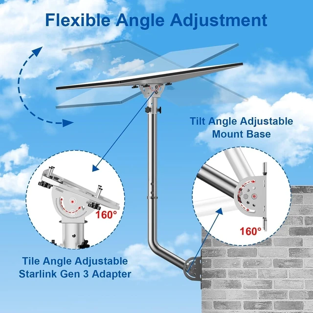 Alt view image 7 of 10 - Starlink Mount for Standard 4/4x/Gen 3, 24-Inch 430 Stainless Steel Pole Bracket, Adjustable Roof/Wall Mount Kit with Aluminum Pipe Adapter, 160 Tilt & 360 Rotation