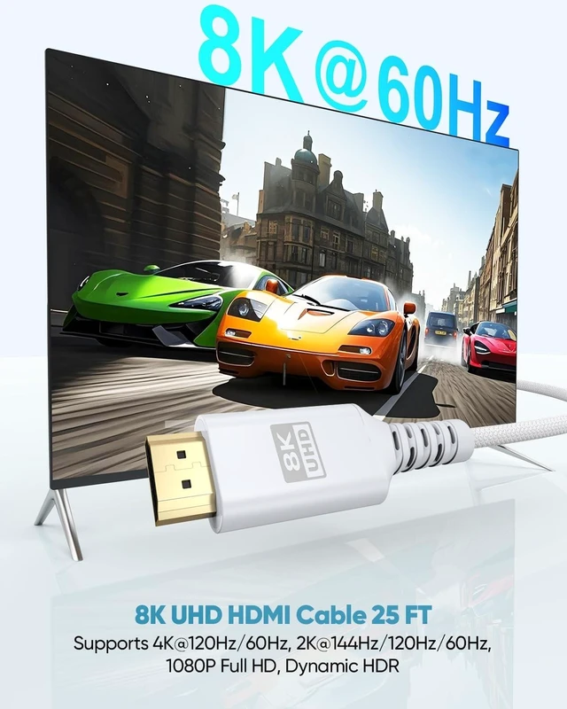 Alt view image 8 of 10 - UVOOI 8K White HDMI Cable 25 FT, HDMI 2.1 Cable 25FT Ultra High Speed eARC Braided Long HDMI Cord with 8K@60Hz, 4K@120Hz, HDR10+, Dolby, 3D, HDCP2.3 for Laptop/Monitor/HDTV/Soundbar/Blu-ray/PS5/Xbox
