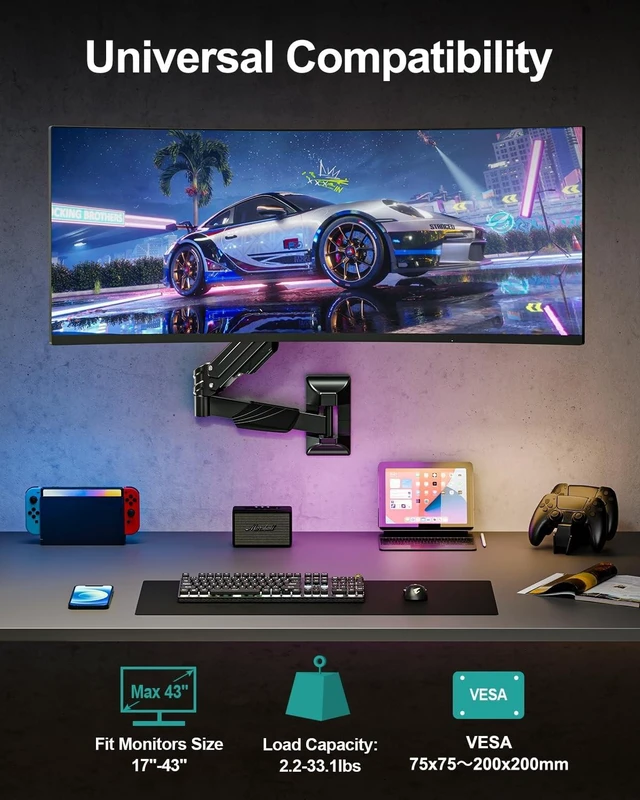Alt view image 7 of 10 - MOUNT PRO Monitor Wall Mount for 17-43" Ultrawide Screens, Single Wall Mount Monitor Arm Holds up to 33.1 lbs, Full Motion Adjustable Wall Bracket with VESA Extension Kit, VESA Mount Max 200x200mm