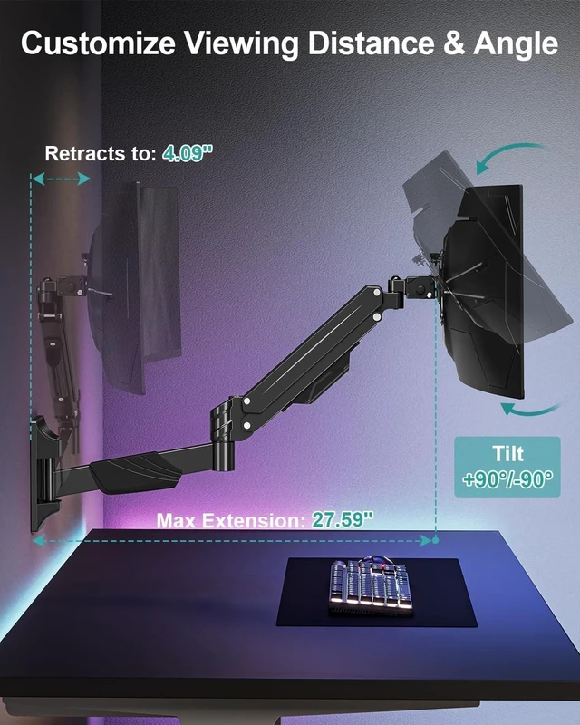 Alt view image 9 of 10 - MOUNT PRO Monitor Wall Mount for 17-43" Ultrawide Screens, Single Wall Mount Monitor Arm Holds up to 33.1 lbs, Full Motion Adjustable Wall Bracket with VESA Extension Kit, VESA Mount Max 200x200mm