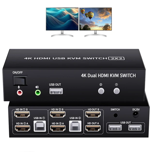 Alt view image 6 of 10 - 2 Ports Dual Monitor KVM Switch, 4K@60Hz KVM Switch 2 Monitors 2 Computers, KVM Dual Monitor HDMI Switcher 2x2 for 2 Computers Share 2 Displays and 5 USB 2.0 Ports, Wired Remote and USB Power Cable