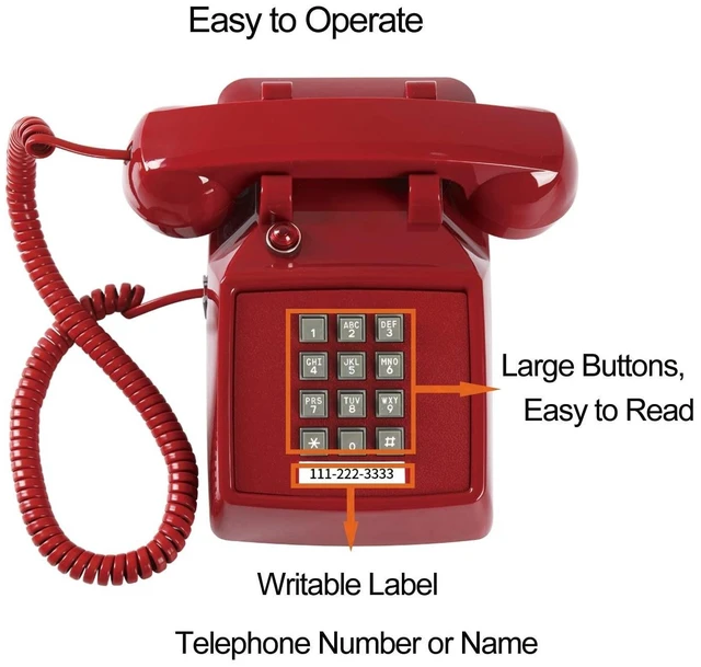 Alt view image 7 of 10 - Traditional Red Landline Phone, Retro Corded Telephone Visible Ringing Indicator, Classic 2500 Analog Desk Phone, Vintage Corded Desk Telephone Large Button, Old Red Telephone Landline for School,Home