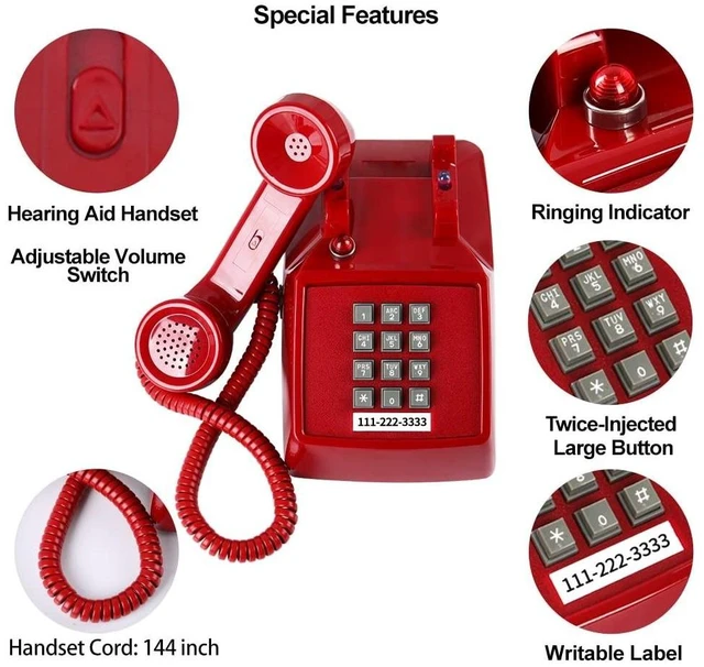 Alt view image 10 of 10 - Traditional Red Landline Phone, Retro Corded Telephone Visible Ringing Indicator, Classic 2500 Analog Desk Phone, Vintage Corded Desk Telephone Large Button, Old Red Telephone Landline for School,Home