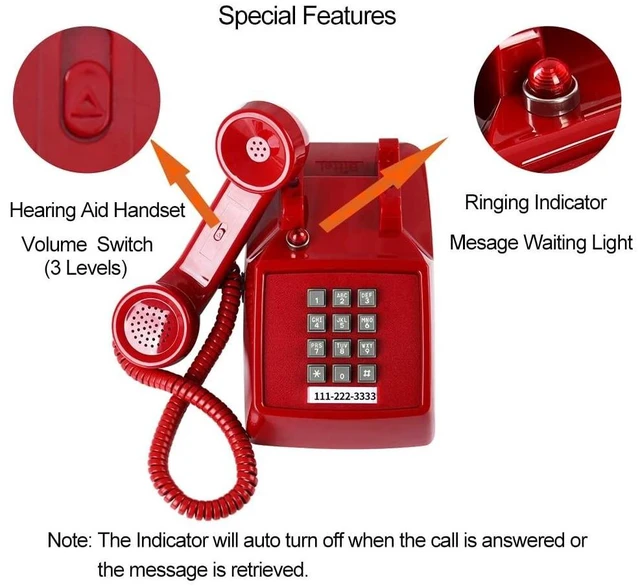 Alt view image 9 of 10 - Traditional Red Landline Phone, Retro Corded Telephone Visible Ringing Indicator, Classic 2500 Analog Desk Phone, Vintage Corded Desk Telephone Large Button, Old Red Telephone Landline for School,Home