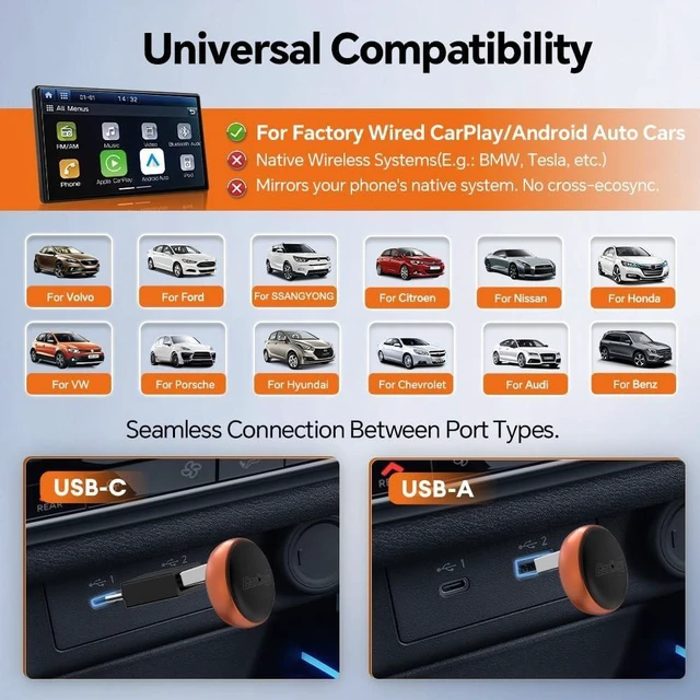 Alt view image 10 of 10 - Carlinkit Mini Ultra 3 Wireless CarPlay Adapter, Wireless Android Auto Adapter, Convert OEM Wired to Wireless Dongle, USB-A/C Plug & Play, Auto-Connect, OTA Upgrade, Orange