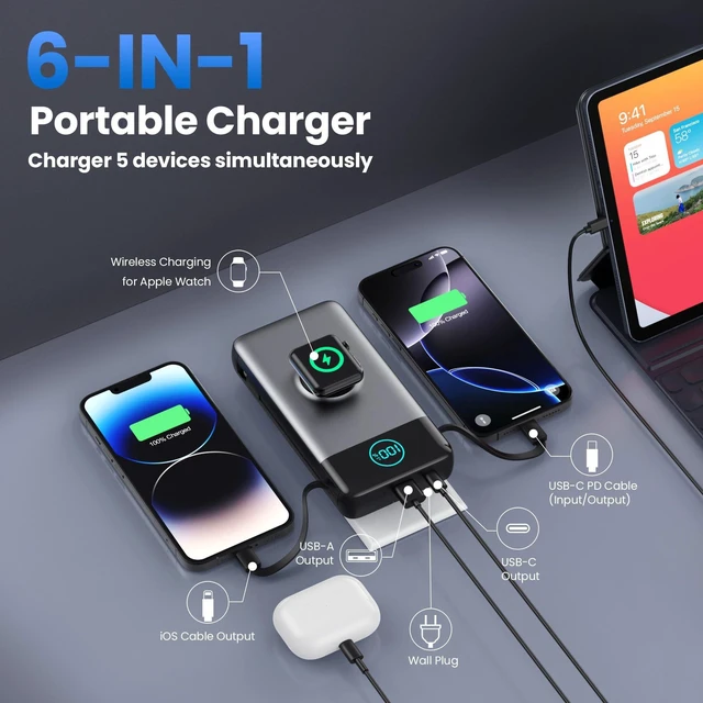 Alt view image 7 of 10 - Portable Charger for iPhone, 40800mAh Power Bank with Built-in Cables & AC Wall Plug, All in One 5 Outputs USB C Fast Charging External Battery Pack for iPhone 17/16/15/14, Android, Travel Essential
