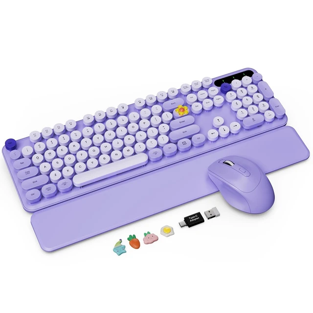 Alt view image 6 of 10 - Wireless Keyboard and Mouse Combo with Detachable Magnetic Wrist Rest, Retro Typewriter-Style Keyboard, Round Keycaps, 3-Level DPI Ergonomic Mouse, 2.4GHz for Windows PC/Laptop (Lilac Purple)