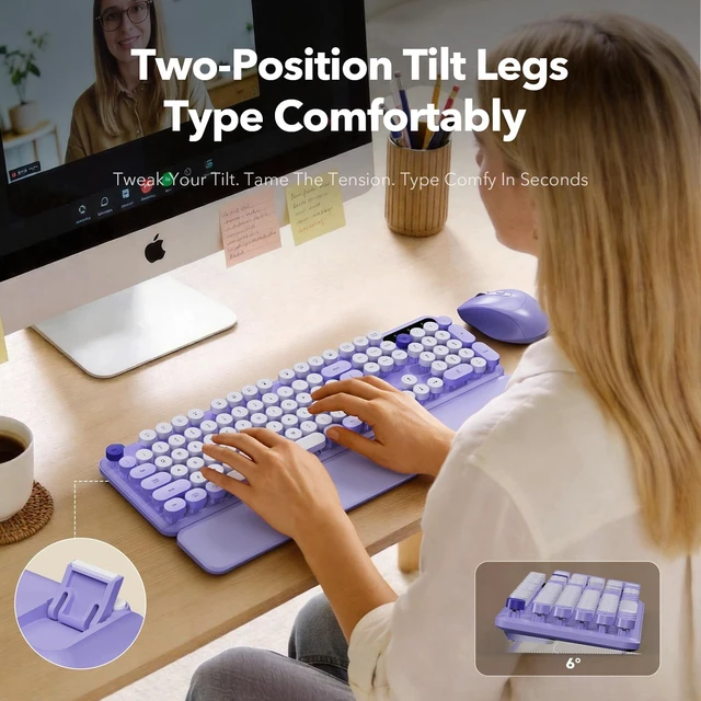 Alt view image 8 of 10 - Wireless Keyboard and Mouse Combo with Detachable Magnetic Wrist Rest, Retro Typewriter-Style Keyboard, Round Keycaps, 3-Level DPI Ergonomic Mouse, 2.4GHz for Windows PC/Laptop (Lilac Purple)