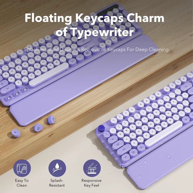 Alt view image 9 of 10 - Wireless Keyboard and Mouse Combo with Detachable Magnetic Wrist Rest, Retro Typewriter-Style Keyboard, Round Keycaps, 3-Level DPI Ergonomic Mouse, 2.4GHz for Windows PC/Laptop (Lilac Purple)