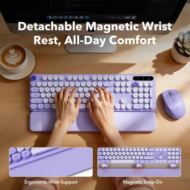 Alt view image 7 of 10 - Wireless Keyboard and Mouse Combo with Detachable Magnetic Wrist Rest, Retro Typewriter-Style Keyboard, Round Keycaps, 3-Level DPI Ergonomic Mouse, 2.4GHz for Windows PC/Laptop (Lilac Purple)