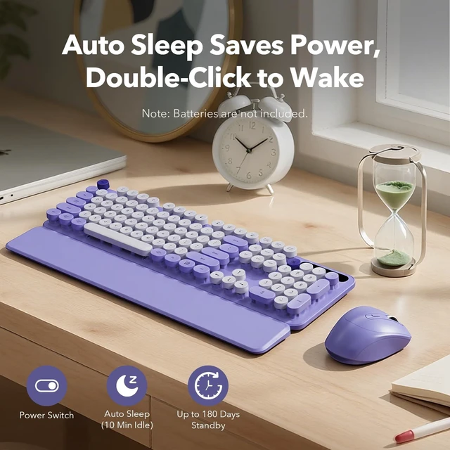 Alt view image 10 of 10 - Wireless Keyboard and Mouse Combo with Detachable Magnetic Wrist Rest, Retro Typewriter-Style Keyboard, Round Keycaps, 3-Level DPI Ergonomic Mouse, 2.4GHz for Windows PC/Laptop (Lilac Purple)