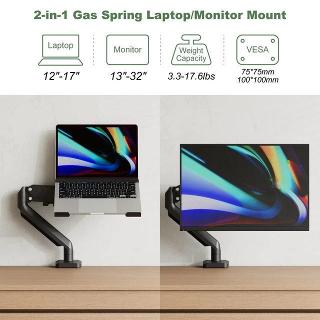 Alt view image 7 of 10 - UPGRAVITY 2-in-1 Gas Spring Laptop Arm for 12"-17" Notebook/13-32 Monitor Screen, Full Motion Adjustable Laptop Desk Mount with Tray, Holds 3.3-17.6lbs, Clamp-on and Grommet Base