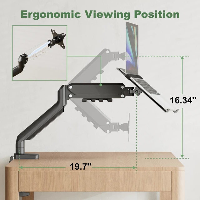 Alt view image 9 of 10 - UPGRAVITY 2-in-1 Gas Spring Laptop Arm for 12"-17" Notebook/13-32 Monitor Screen, Full Motion Adjustable Laptop Desk Mount with Tray, Holds 3.3-17.6lbs, Clamp-on and Grommet Base
