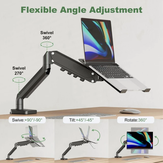 Alt view image 10 of 10 - UPGRAVITY 2-in-1 Gas Spring Laptop Arm for 12"-17" Notebook/13-32 Monitor Screen, Full Motion Adjustable Laptop Desk Mount with Tray, Holds 3.3-17.6lbs, Clamp-on and Grommet Base