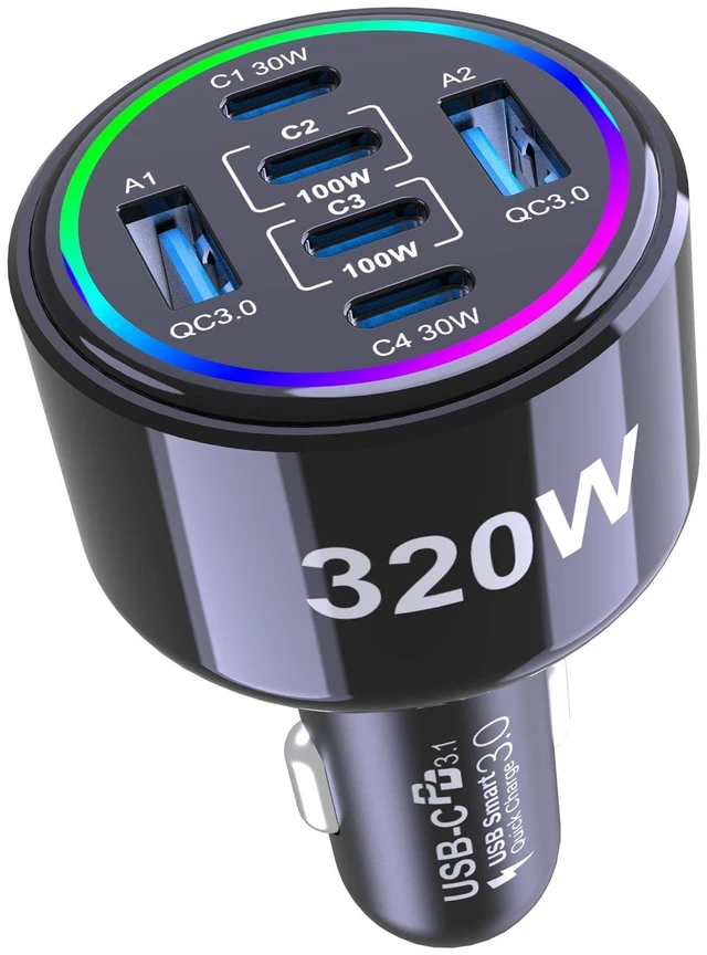 Alt view image 6 of 10 - 320W USB C Car Charger, 6 Ports Type C Car Charger, PD3.0/QC4.0/PPS Super Fast Charging for iPhone 17/16/15 Series, Galaxy S25/S24/23, iPad, MacBook Pro/Air, Laptop (Black)