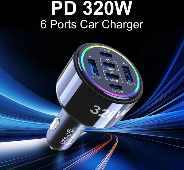 Alt view image 7 of 10 - 320W USB C Car Charger, 6 Ports Type C Car Charger, PD3.0/QC4.0/PPS Super Fast Charging for iPhone 17/16/15 Series, Galaxy S25/S24/23, iPad, MacBook Pro/Air, Laptop (Black)