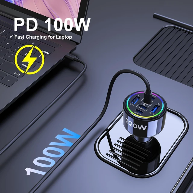 Alt view image 9 of 10 - 320W USB C Car Charger, 6 Ports Type C Car Charger, PD3.0/QC4.0/PPS Super Fast Charging for iPhone 17/16/15 Series, Galaxy S25/S24/23, iPad, MacBook Pro/Air, Laptop (Black)