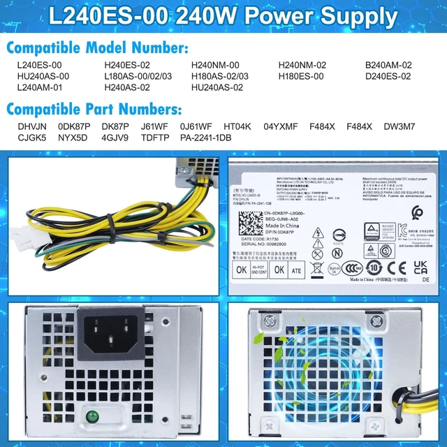 Alt view image 7 of 10 - Upgraded L240ES-00 H240ES-02 240W Power Supply B240AM-02 PSU Compatible with Dell Optiplex 3050 5050 7050 Mini Tower J61WF DK87P DHVJN F484X DW3M7 HT04K L240ES-00 H240NM-00 HU240AS-00 Power Supply