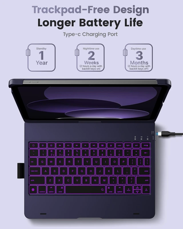 Alt view image 8 of 10 - typecase Flexbook Keyboard Case for iPad 11th (A16, 2025) and iPad 10th Gen (10.9", 2022) No Trackpad, 11-Color Backlight, 360 Rotatable, 7 Use Modes, Thin & Lightweight Midnight Amethyst