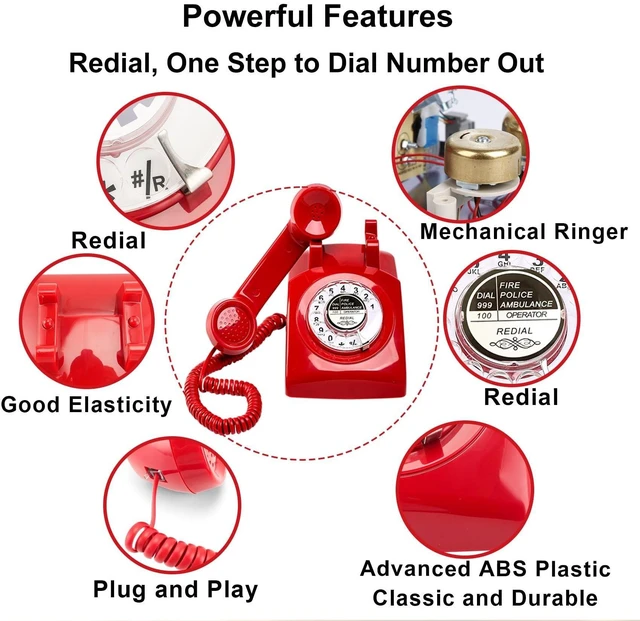 Alt view image 8 of 10 - Red Retro Rotary Phone Mechanical Bell, Updated Antique 1960s Telephone(Removable Cord), Old Fashioned Rotary Dial Telephone (Ringer High/Off), Retro Photo Shoot Prop, Vintage Landline Phone for Home