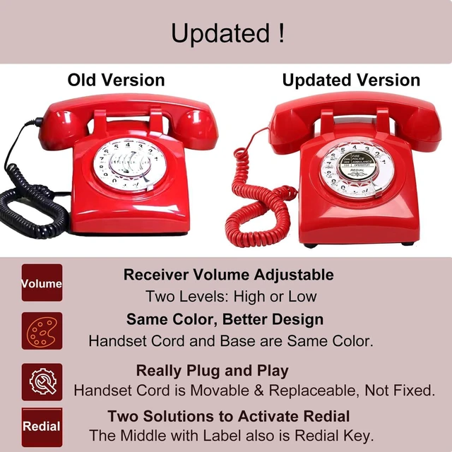 Alt view image 10 of 10 - Red Retro Rotary Phone Mechanical Bell, Updated Antique 1960s Telephone(Removable Cord), Old Fashioned Rotary Dial Telephone (Ringer High/Off), Retro Photo Shoot Prop, Vintage Landline Phone for Home