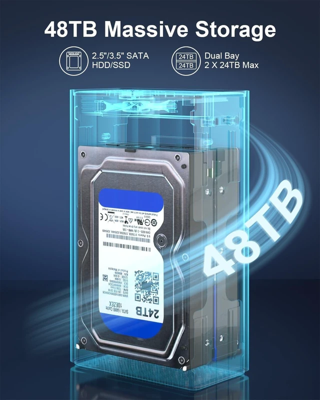 Alt view image 7 of 10 - 2 Bay Hard Drive Enclosure for 2.5"/3.5" SATA HDD/SSD Up to 48TB, Aluminum External HDD Enclosure with Cooling Fan, 5Gbps USB 3.0 Hard Drive Enclosure Storage DAS (NO RAID/NAS)