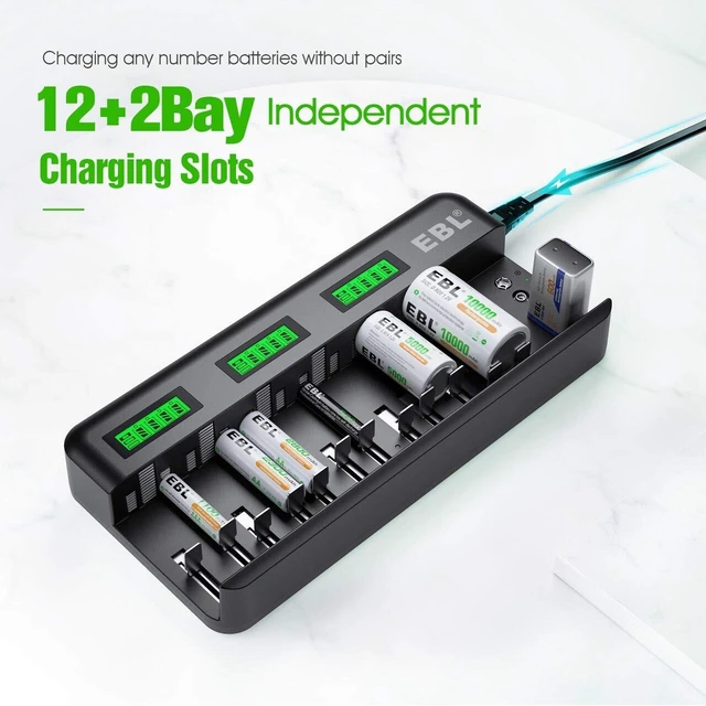 Alt view image 7 of 10 - EBL 12+2 Bay Universal Rechargeable Battery Charger for AA AAA C D 9V Ni-MH Ni-CD Batteries & 9V Rechargeable Batteries (AC Power Supply)