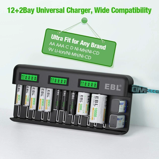 Alt view image 8 of 10 - EBL 12+2 Bay Universal Rechargeable Battery Charger for AA AAA C D 9V Ni-MH Ni-CD Batteries & 9V Rechargeable Batteries (AC Power Supply)