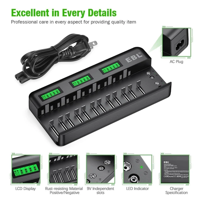 Alt view image 9 of 10 - EBL 12+2 Bay Universal Rechargeable Battery Charger for AA AAA C D 9V Ni-MH Ni-CD Batteries & 9V Rechargeable Batteries (AC Power Supply)